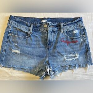 Old Navy Blue Distressed Denim Shorts with Red 'California' Embroidery